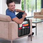 TV Remote Control Holder Couch Caddy, Non-slip Bedside Caddy Organizer with 5 Pockets for Key Glasses Phone Magazine Holders (Black, 35"x12.4")