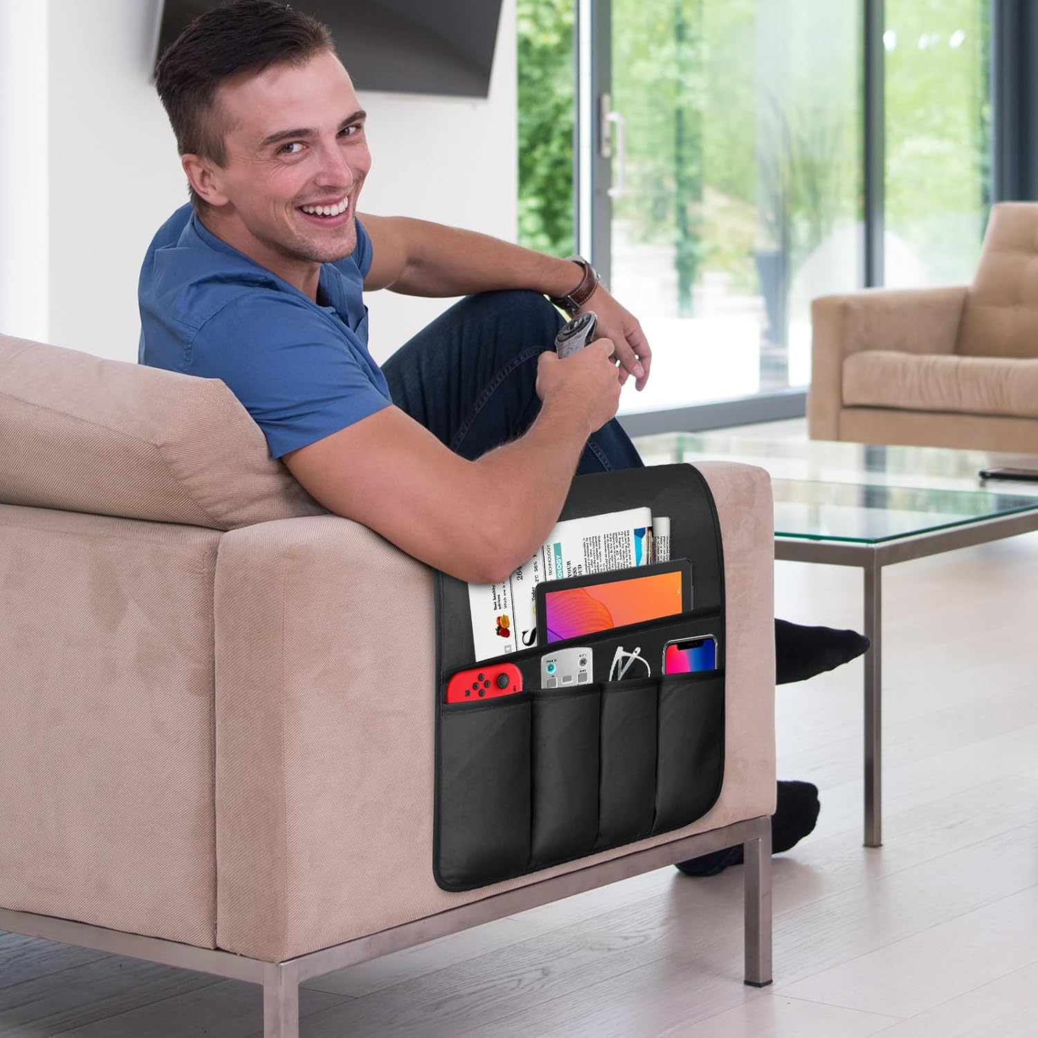 TV Remote Control Holder Couch Caddy, Non-slip Bedside Caddy Organizer with 5 Pockets for Key Glasses Phone Magazine Holders (Black, 35"x12.4")