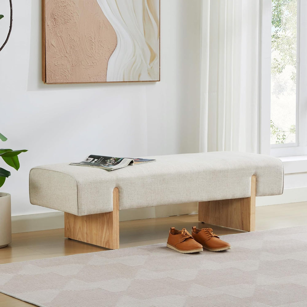 55’’ Upholstered End of Bed Bench, Linen Entryway Bench with Solid Wood Legs,...