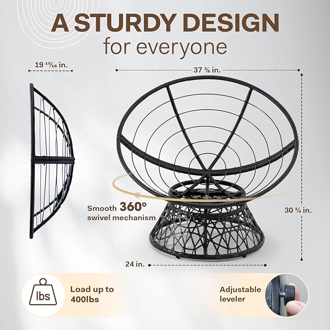 Bme 40" Ergonomic Wicker Papasan Chair with Soft Thick Density Fabric Cushion, High Capacity Steel Frame, 360 Degree Swivel for Living, Bedroom, Reading Room, Lounge, Onyx Stone - Black Base