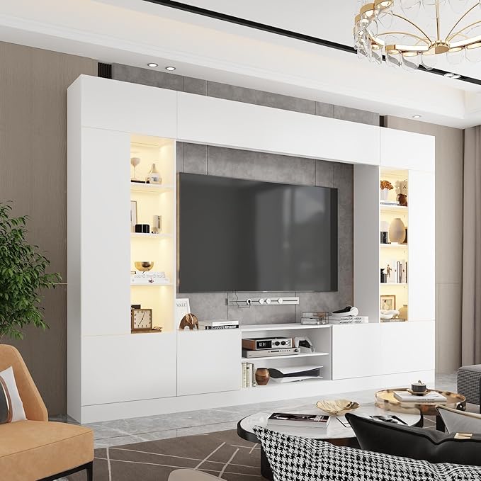 WOODTIME White 114" Large Wall Unit Entertainment Center with Bookshelves, Lights and 18 Shelves, Modern 4-Piece TV Stand Media Console Table with Bridge Cabinet for Living Room & Home Theater