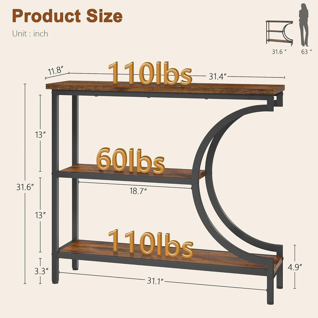 Hoctieon Console Table Set of 2, 3-Tier Industrial Entryway Table with Storage, Hallway Tables, Narrow Entrance Sofa Tables,Accent Tables with Shelves for Living Room, Foyer, Rustic Brown