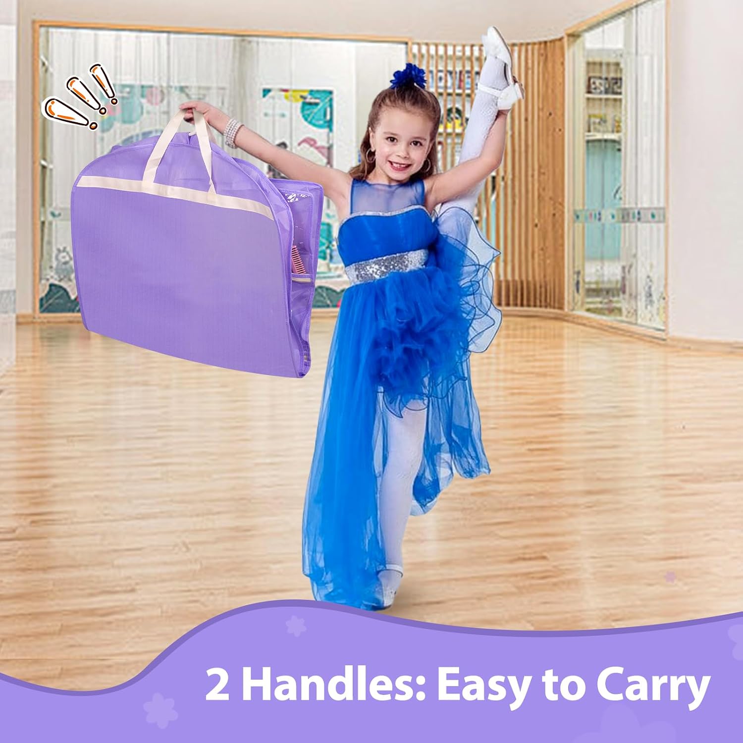 MISSLO Dance Garment Bags for Dancers 40" Garment Bags for Dance Costumes with 3 Pockets Cheer Uniform Garment Bag Hanging Kids Garment Bags for Competition, Travel, 3 Packs, Purple