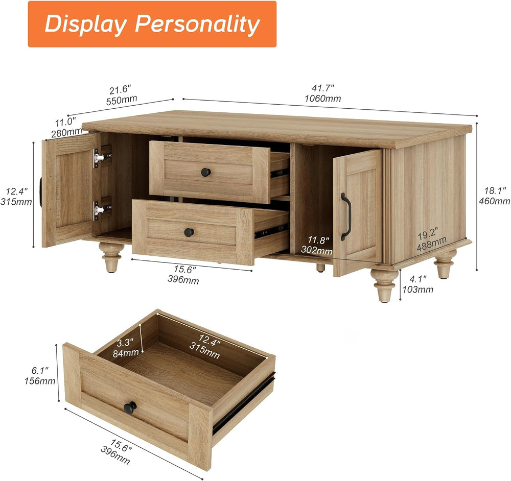 WAMPAT Oak Coffee Table with Drawer & Storage Cabinet, Farmhouse Rustic C...