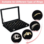 Ring Organizer for Jewelry, Ring Holder Box with Clear Lid, Dustproof Velvet Rings Display Tray Storage Case, 100 Slot Glass Top Jewelry Tray Drawer Insert for Multiple Rings Studs Earring (Black)