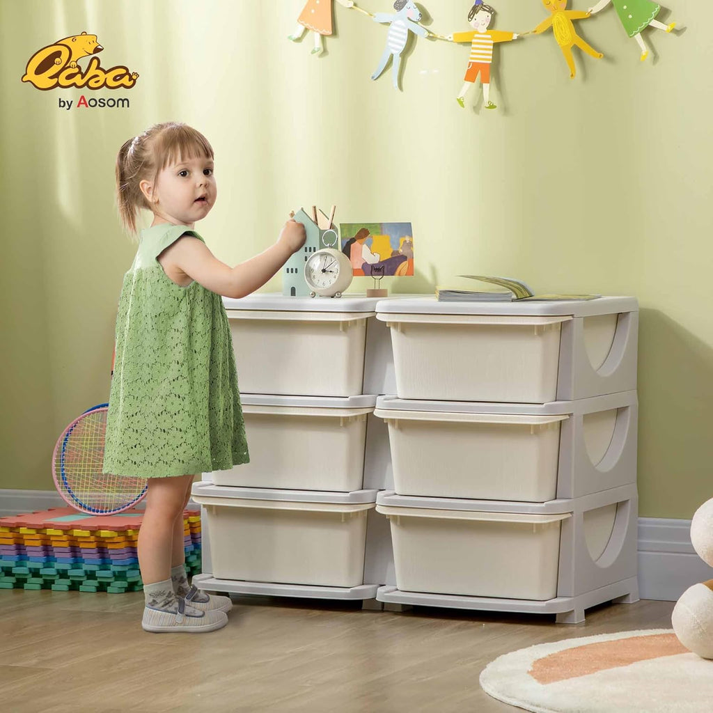 Qaba 3 Tier Kids Storage Unit, 6 Drawer Chest Toy Organizer Plastic Bins for Kids Bedroom Nursery Kindergarten Living Room for Boys Girls Toddlers, Cream White