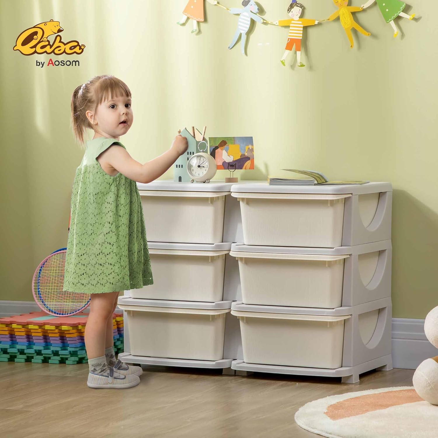 Qaba 3 Tier Kids Storage Unit, 6 Drawer Chest Toy Organizer Plastic Bins for Kids Bedroom Nursery Kindergarten Living Room for Boys Girls Toddlers, Cream White