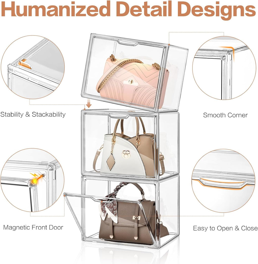 4 Packs Clear Handbag Storage Organizer for Closet, Acrylic Display Case for Purse Handbag, Stackable Purse Organizer Storage Box with Magnetic Door for Wallet Book Toys Collectibles
