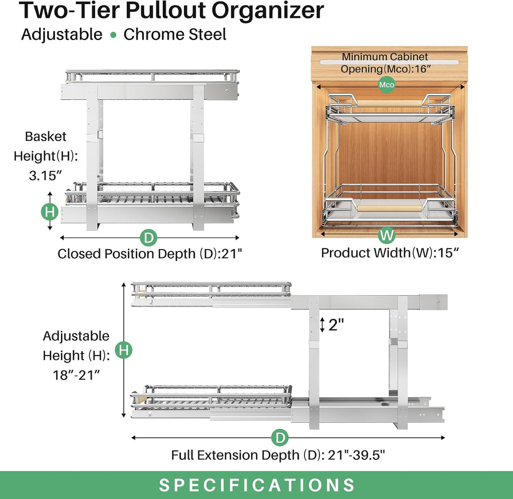 Pull out Cabinet Organizer, 2 Tiers 15"W X 21"D, Heavy Duty Smooth Sliding Under Cabinet Shelves for Pots and Pans, Full-Extension Roll out Drawers, Slide out Organization for Home Kitchen Pantry