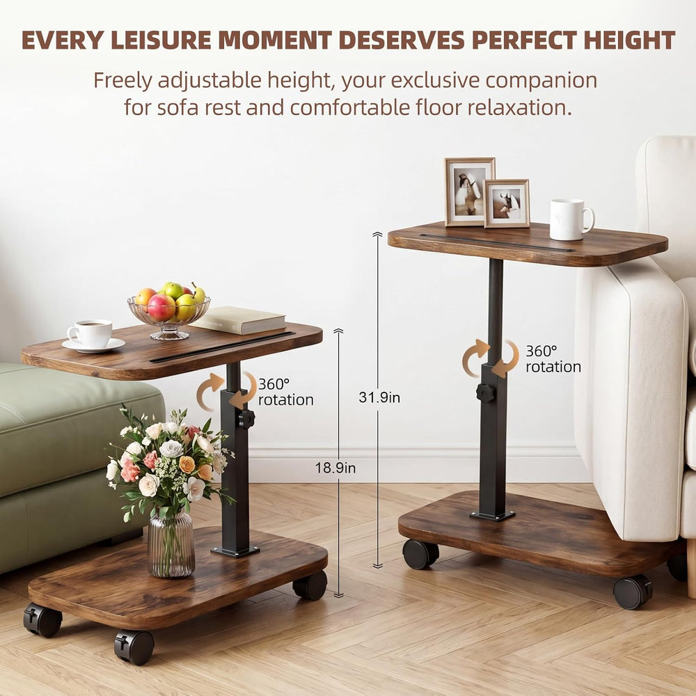 Adjustable TV Tray Side Table 360°Swivel Rolling, Rustic Brown | Adjustable H...