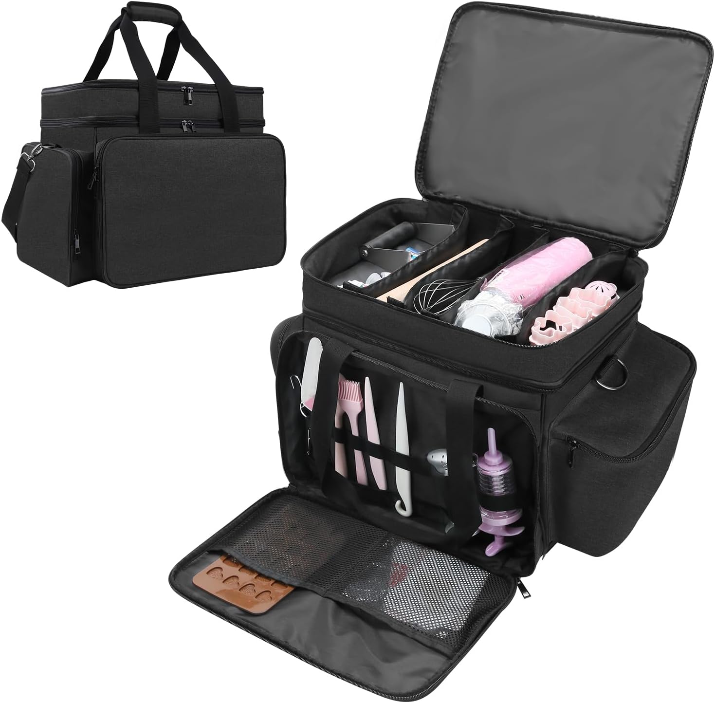 Baking Supplies Storage Bag for Bakers/Pastry Chefs, Cake Decorating Tool Caddy,Suitable for Cake Decorating,Baking Pan,Baking Mat,Muffin Liners,Black