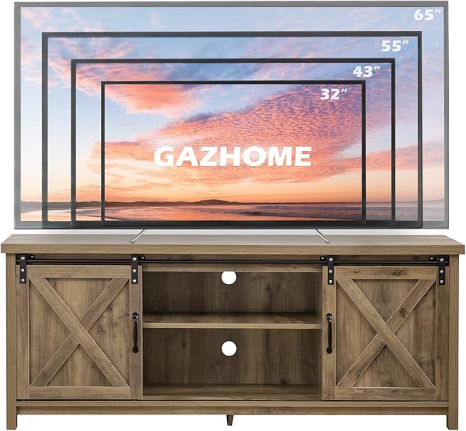 GAZHOME Farmhouse TV Stand with Sliding Barn Doors, Media Entertainment Center Console Table for TVs up to 65”,2-Tier Large Storage Cabinets,Rustic TV Stand for Living Room Bedroom,Light Grey