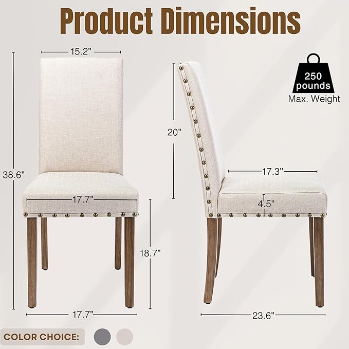 Upholstered Dining Chair Modern Stylish Parsons Kitchen Diner High Back with Bronze Nailhead Trim & Wood Legs, Set of 2, Beige