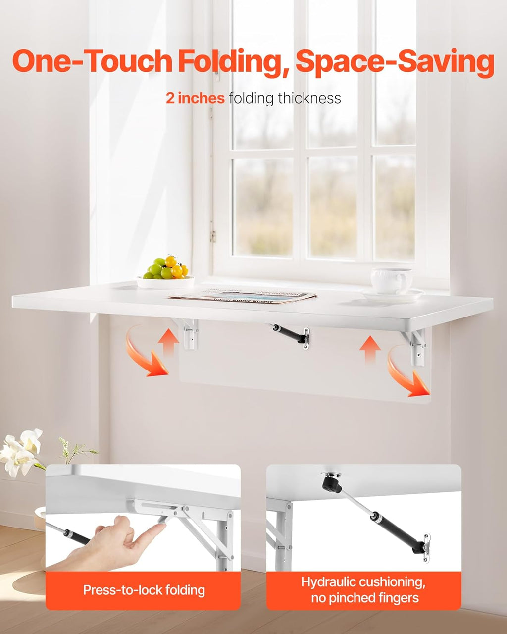 VEVOR Wall Mounted Folding Table, 35.4 x 19.7 inches Wall Mount Table, Floating Desk with Iron Bracket for Small Spaces, Home Office, Dining, Laundry Room, Kitchen, Bar, White