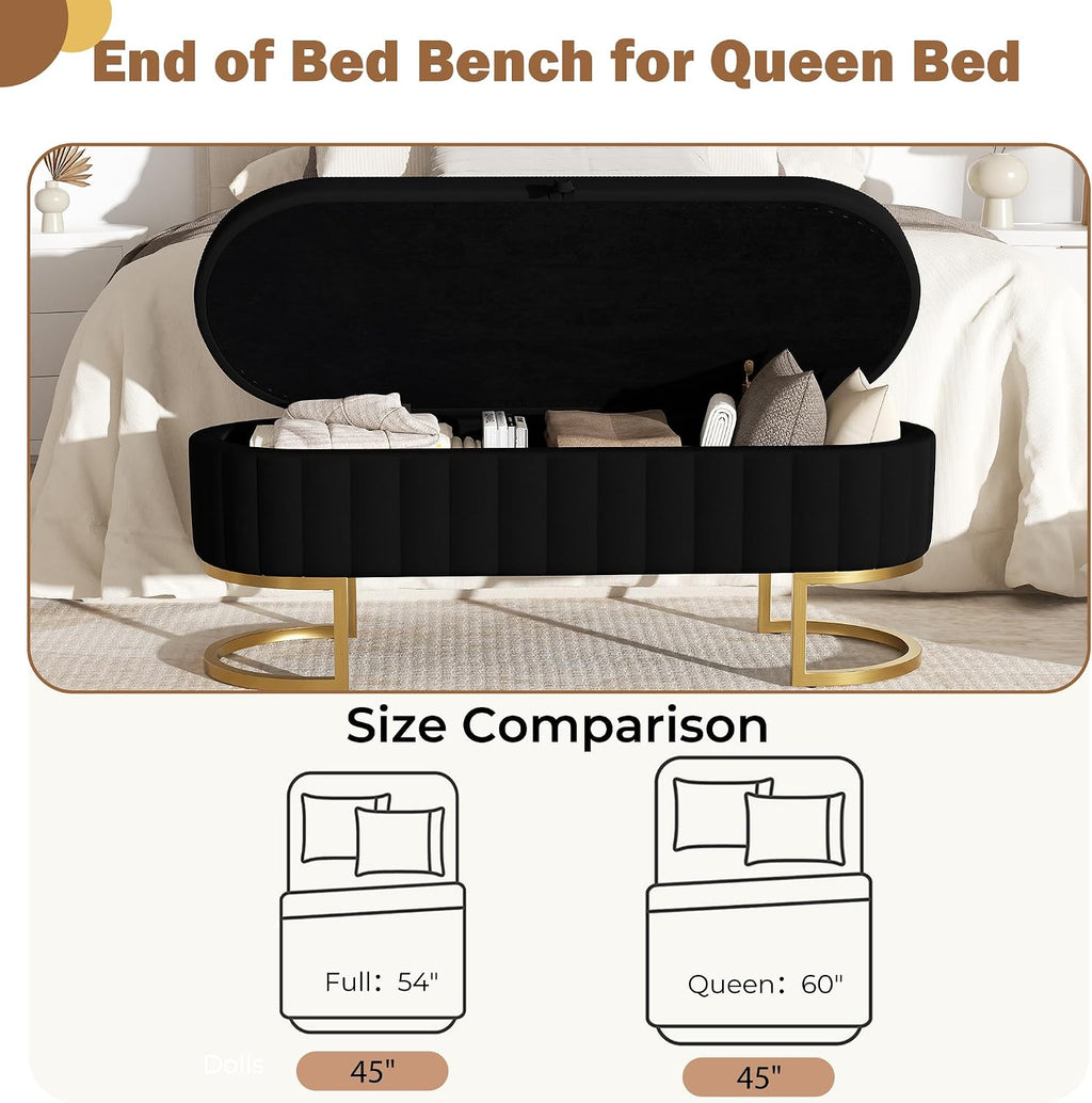 Storage Ottoman Bench, 45" Velvet End of Bed Bench Bedroom Bench with Golden Metal Legs, Upholstered Storage Bench for Bedroom Living Room Entryway and Window, Black