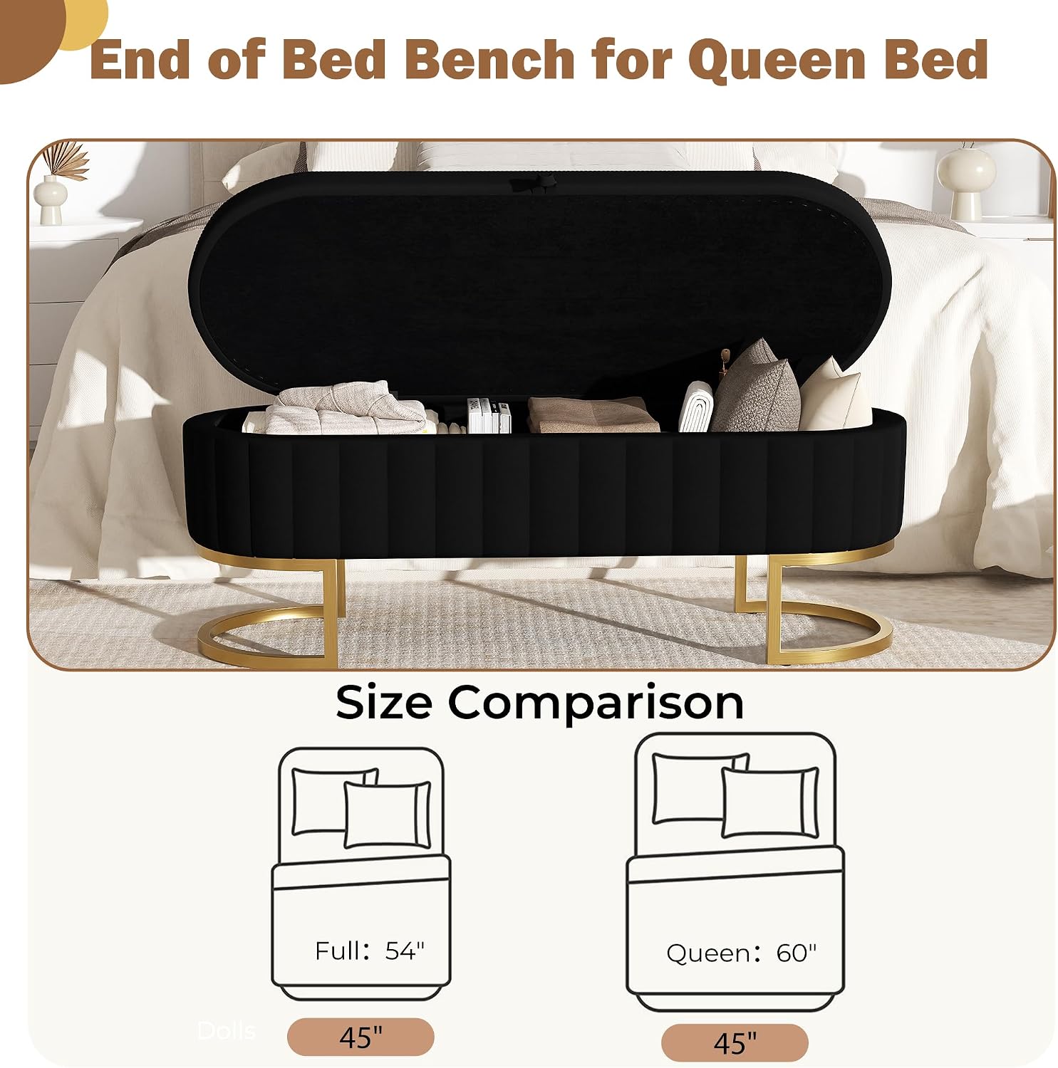Storage Ottoman Bench, 45" Velvet End of Bed Bench Bedroom Bench with Golden Metal Legs, Upholstered Storage Bench for Bedroom Living Room Entryway and Window, Black