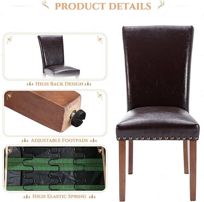 Parsons Dining Chairs Set of 2, Upholstered Nailhead PU Leather Dining Room Kitchen Side Chair with Thick Cushions and Wood Legs, Dark Brown