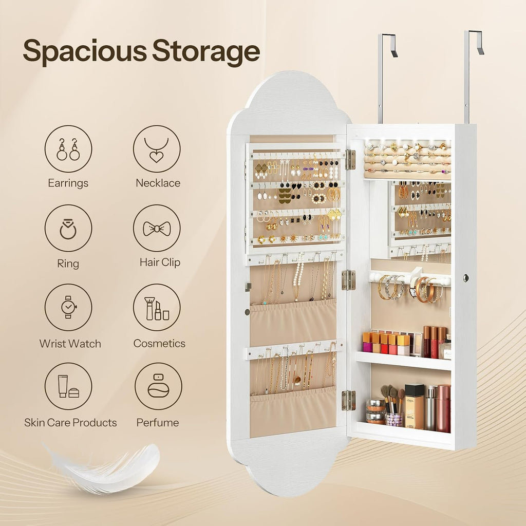 HOOBRO Jewelry Cabinet Wall/Door Mounted, LED Jewelry Organizer, Lockable | Jewelry Armoire, Hanging Jewelry Cabinet with Storage, Wide Full Length Mirror, 4.1 x 16.5 x 42.5 Inches, White