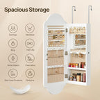HOOBRO Jewelry Cabinet Wall/Door Mounted, LED Jewelry Organizer, Lockable | Jewelry Armoire, Hanging Jewelry Cabinet with Storage, Wide Full Length Mirror, 4.1 x 16.5 x 42.5 Inches, White