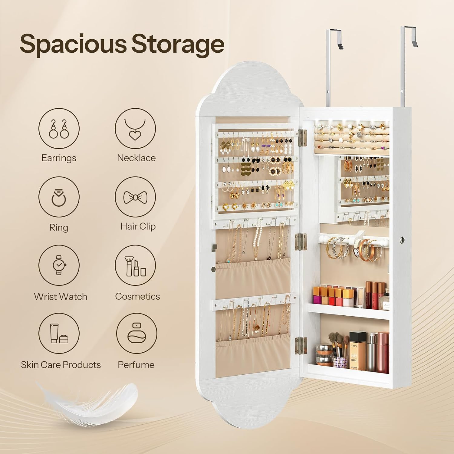 HOOBRO Jewelry Cabinet Wall/Door Mounted, LED Jewelry Organizer, Lockable | Jewelry Armoire, Hanging Jewelry Cabinet with Storage, Wide Full Length Mirror, 4.1 x 16.5 x 42.5 Inches, White