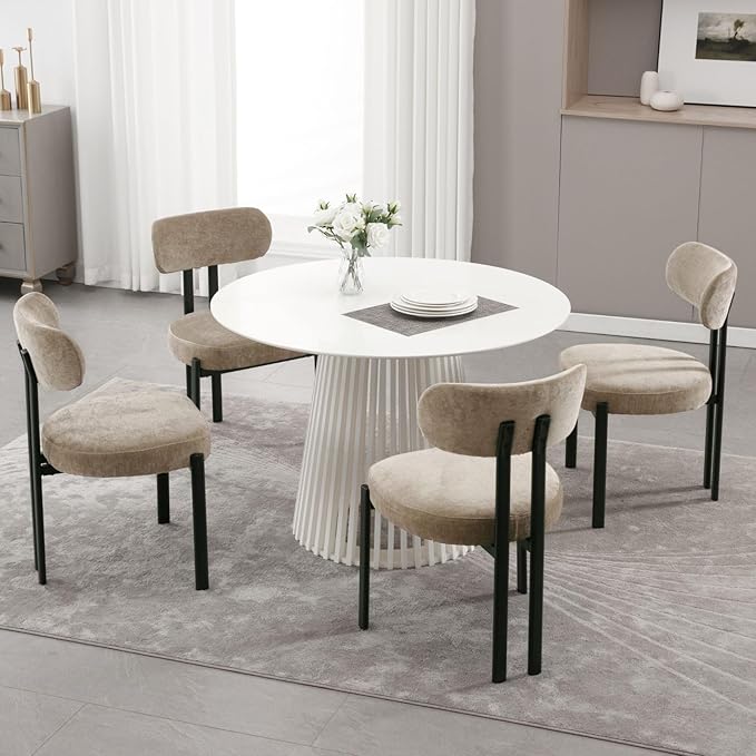LukeAlon Chenille Dining Chairs Set of 4, Modern Curved Back Upholstered Dining Room Chairs with Black Metal Legs, Khaki