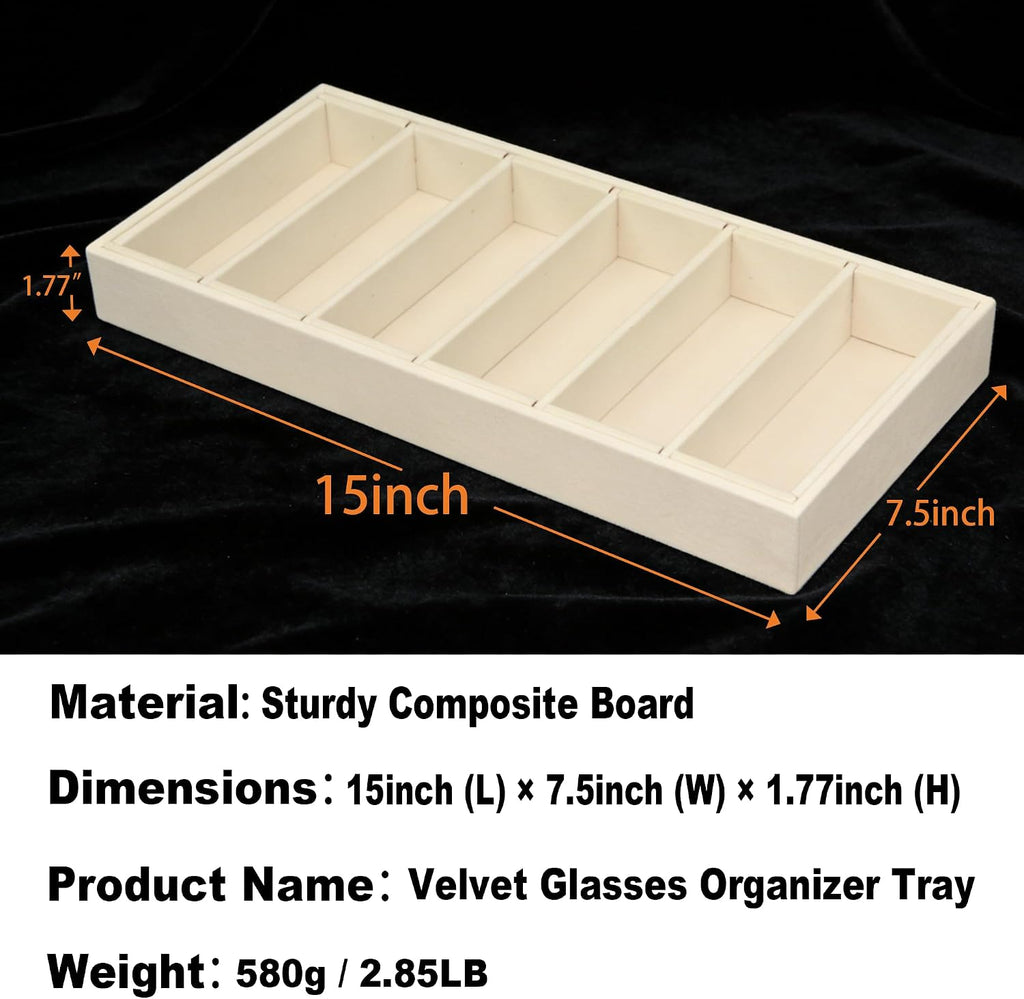 2 Pack Velvet Sunglasses Tray Stackable Eyeglasses Display Case Removable Jewelry Organizer Tray for Multiple Glasses, Reading Glasses, Earring Necklace Jewelrys Showcase, Beige