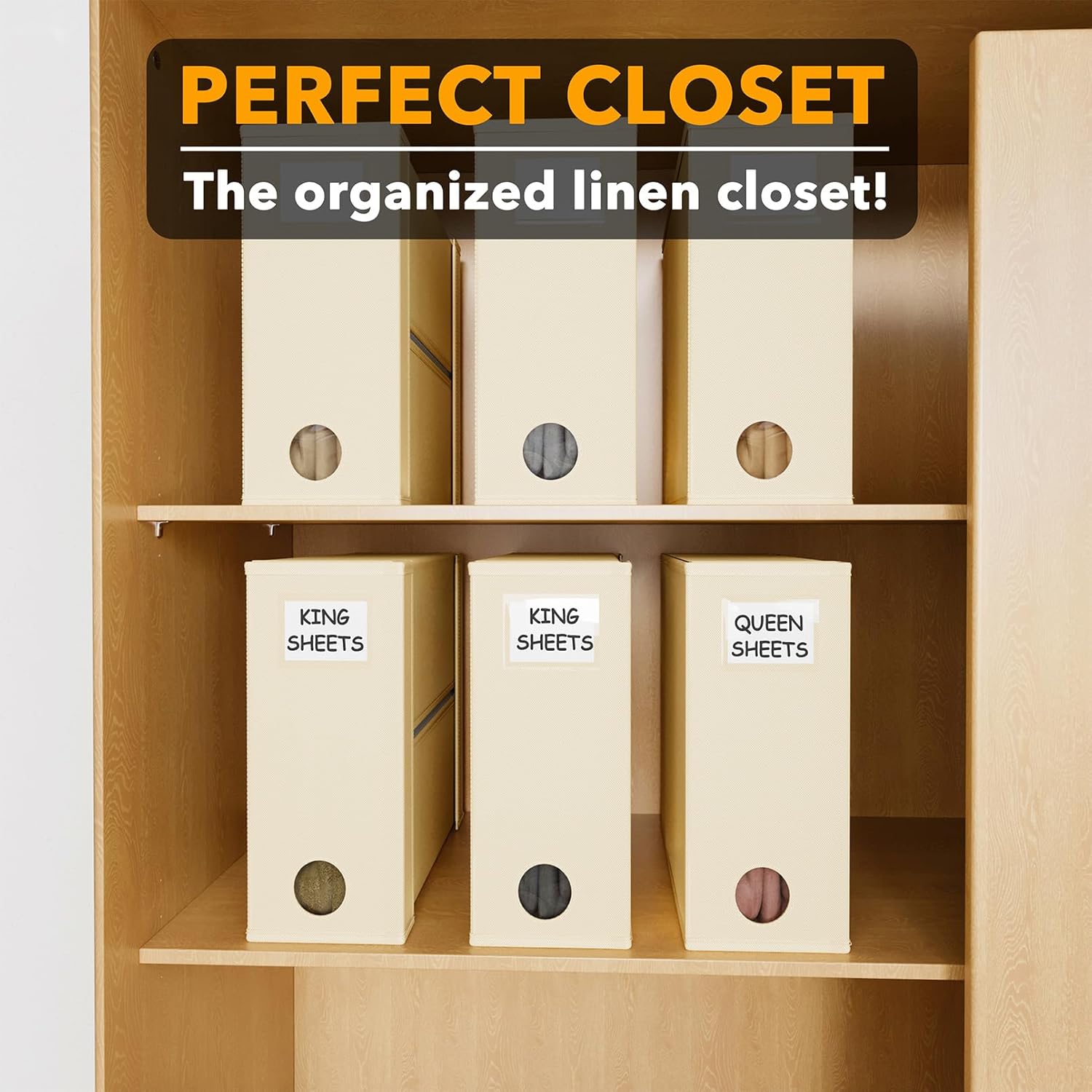 SpaceAid 6 Pack Bed Sheet Organizers and Storage, Foldable Sheet Organizer for Linen Closet, Sheets Set Folder Keeper with Window XL (Queen & King Size) Bedding Container (Beige, 6 Pack)