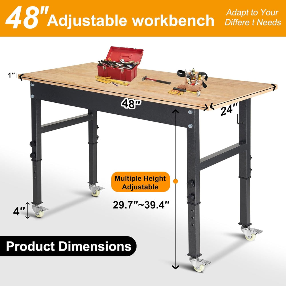 48" Adjustable Work Bench, Rubber Wood Top Workbench Heavy-Duty Work Tab...