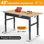48" Adjustable Work Bench, Rubber Wood Top Workbench Heavy-Duty Work Table with Wheels, 2000 LBS Load Capacity Hardwood Work Benches for Garage, Workshop, Home, Office, Easy Assembly