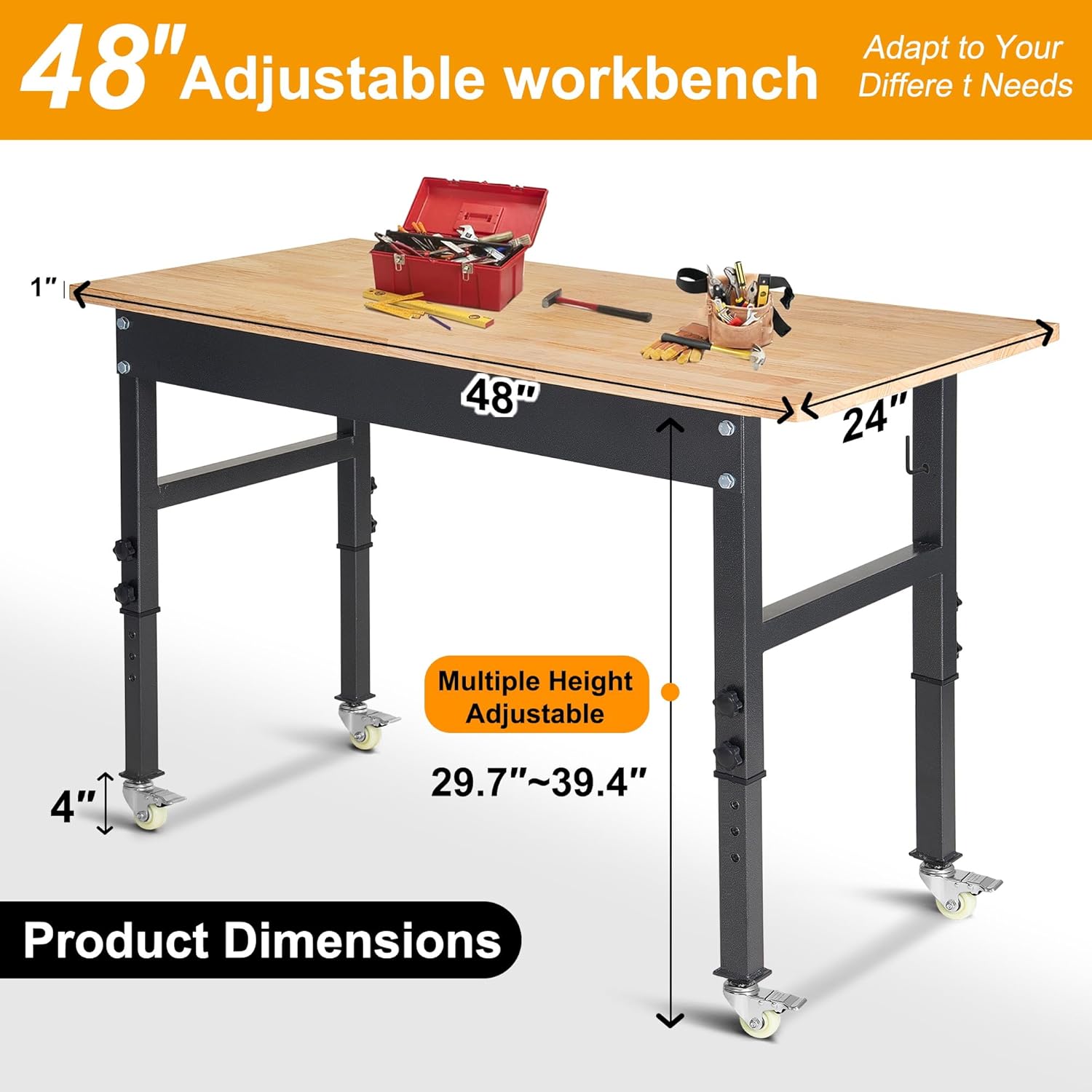 48" Adjustable Work Bench, Rubber Wood Top Workbench Heavy-Duty Work Table with Wheels, 2000 LBS Load Capacity Hardwood Work Benches for Garage, Workshop, Home, Office, Easy Assembly