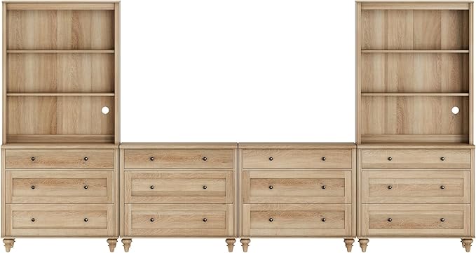 WAMPAT Entertainment Center with Bookshelves for TVs up to 75", Farmhouse Wall Unit TV Stand with Drawers, Media Console Table for Living Room, Bedroom & Home Theater, Oak