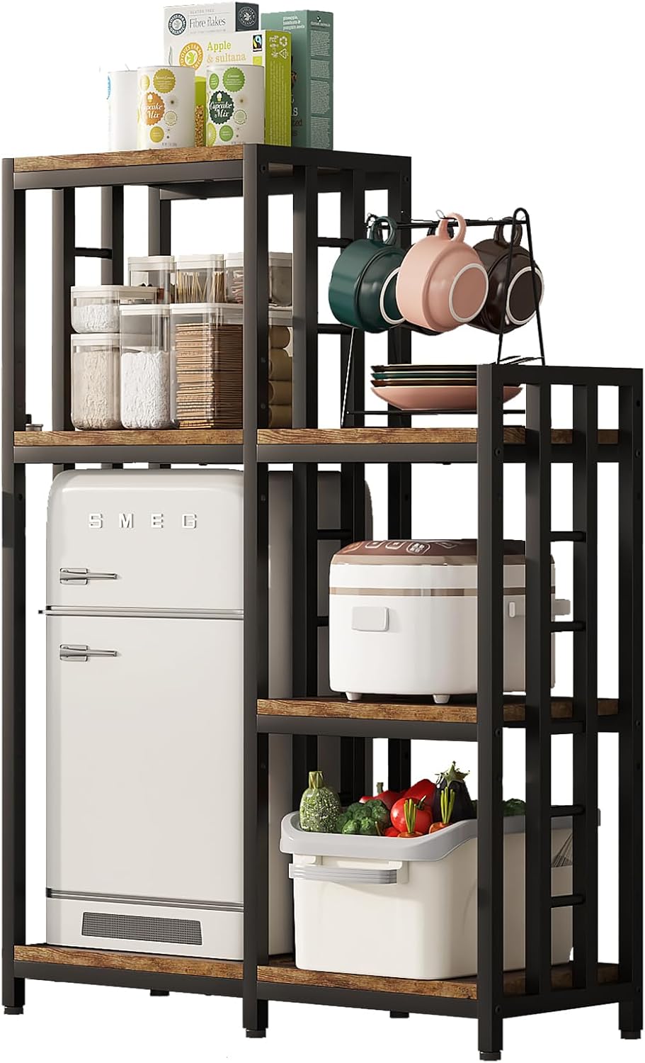 6-Tier Kitchen Bakers Rack, Freestanding Mini Fridge Stand Height Adjustable Bakers Rack with Storage, Sturdy Microwave Stand with Storage, Mini Fridge, Coffee Bar for Living Room Rustic Brown