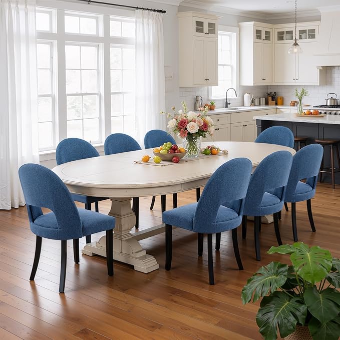 Upholstered Dining Chairs Set of 8, Mid Century Modern Dining Kitchen Chairs with Solid Wood Legs & Fabric Backret for Kitchen and Dining Rome, Blue
