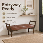 52" Upholstered Bench, Brown Faux Leather, Walnut Legs | Mid-century modern ottoman with high-resilience foam, sturdy wood frame. Ideal for bedroom end of bed, entryway, living room
