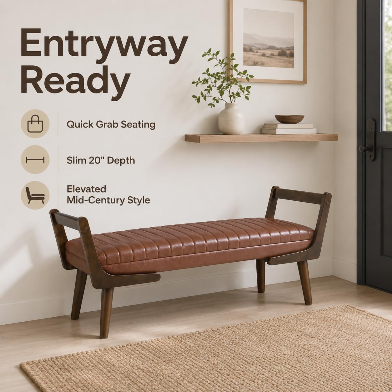 52" Upholstered Bench, Brown Faux Leather, Walnut Legs | Mid-century modern ottoman with high-resilience foam, sturdy wood frame. Ideal for bedroom end of bed, entryway, living room