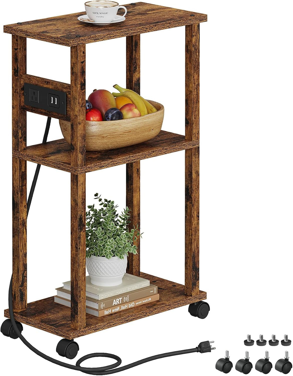 TUTOTAK Small Narrow Side Table with Charging Station, Skinny End Table for S...