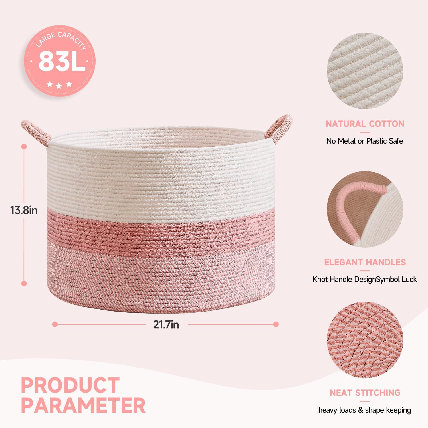 CLHMILY&Z Round Cotton Rope Storage Basket - 22x14.2 Inches - Cute Nursery Bin, Baby Toy Organizer, Pink Organizer for Home Decor, Multi-Purpose Home Tidy Solution