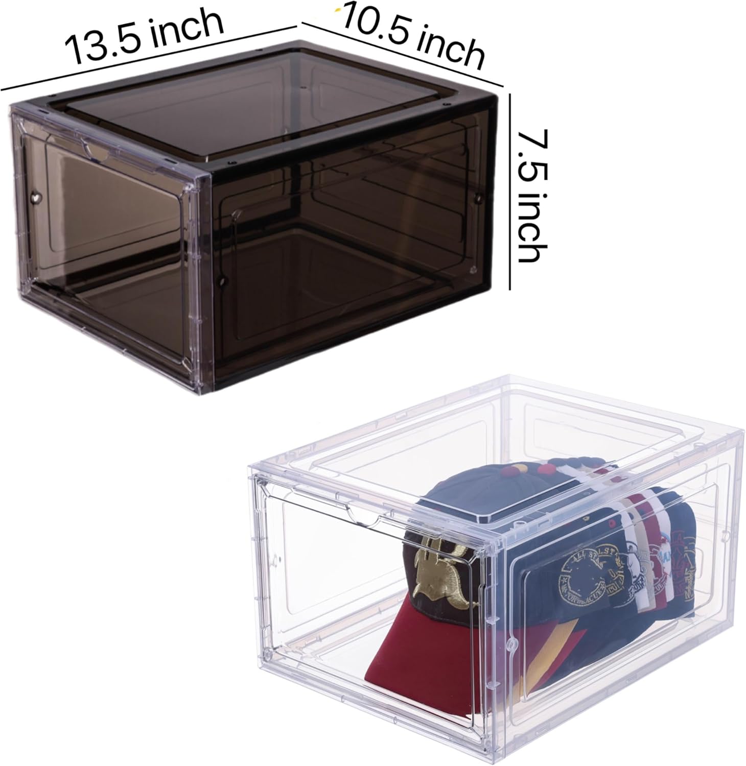 Attelite Hat Organizer for Baseball Caps, set of 6, Stackable Hat Storage Box With Transparent Magnetic Door, Hat Rack, Easy to Assemble Stylish Display(Clear Black)