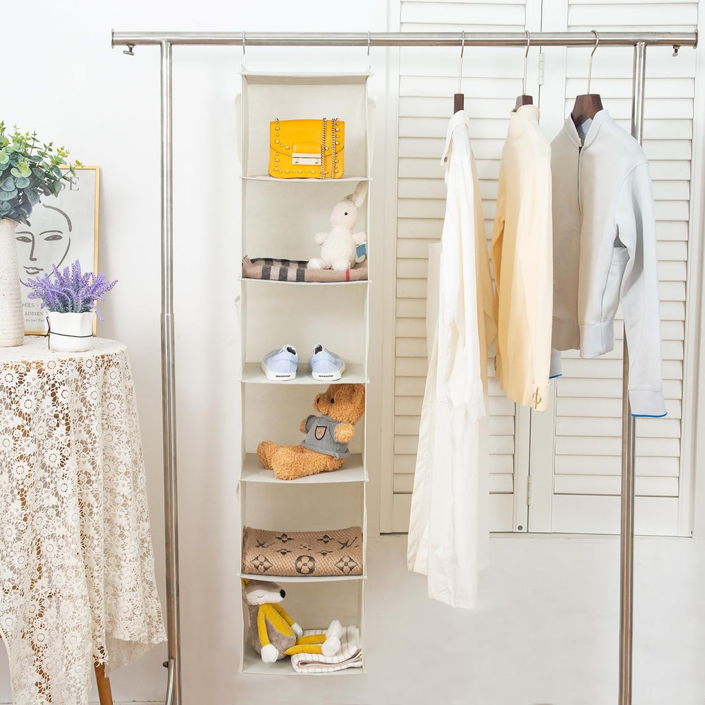 6 Shelves Hanging Closet Organizer, 2 Pack Hanging Storage with 4 Side Pockets for Clothes Shoes, 43.5"x12"x12"(Beige)
