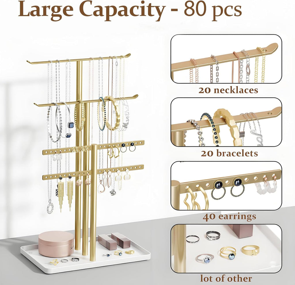 pickpiff Jewelry Stand Holder Organizer: 14.5" Sturdy Hanger for 80 Pcs Jewelry, Gift for Women, Gold Jewlery Tower for Necklace, Earring, Bracelet
