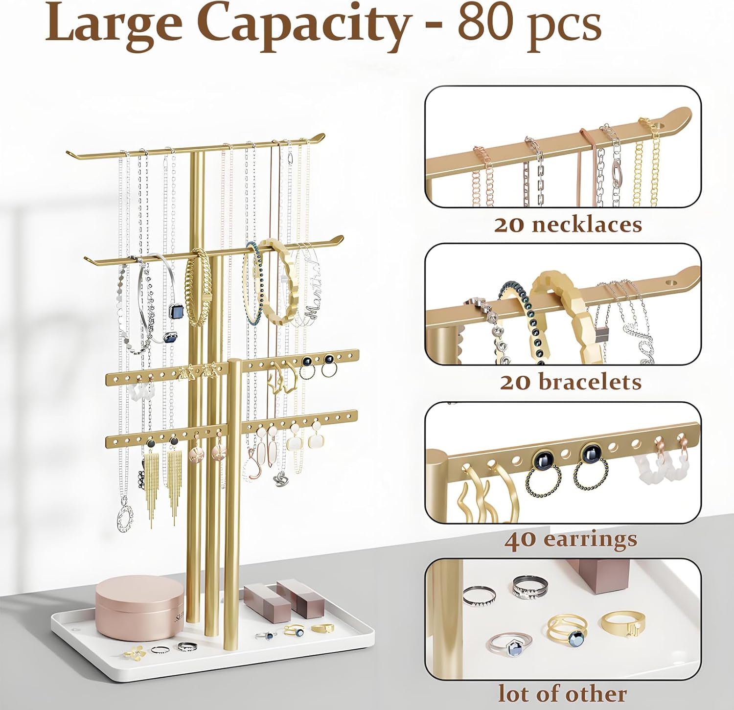 pickpiff Jewelry Stand Holder Organizer: 14.5" Sturdy Hanger for 80 Pcs Jewelry, Gift for Women, Gold Jewlery Tower for Necklace, Earring, Bracelet