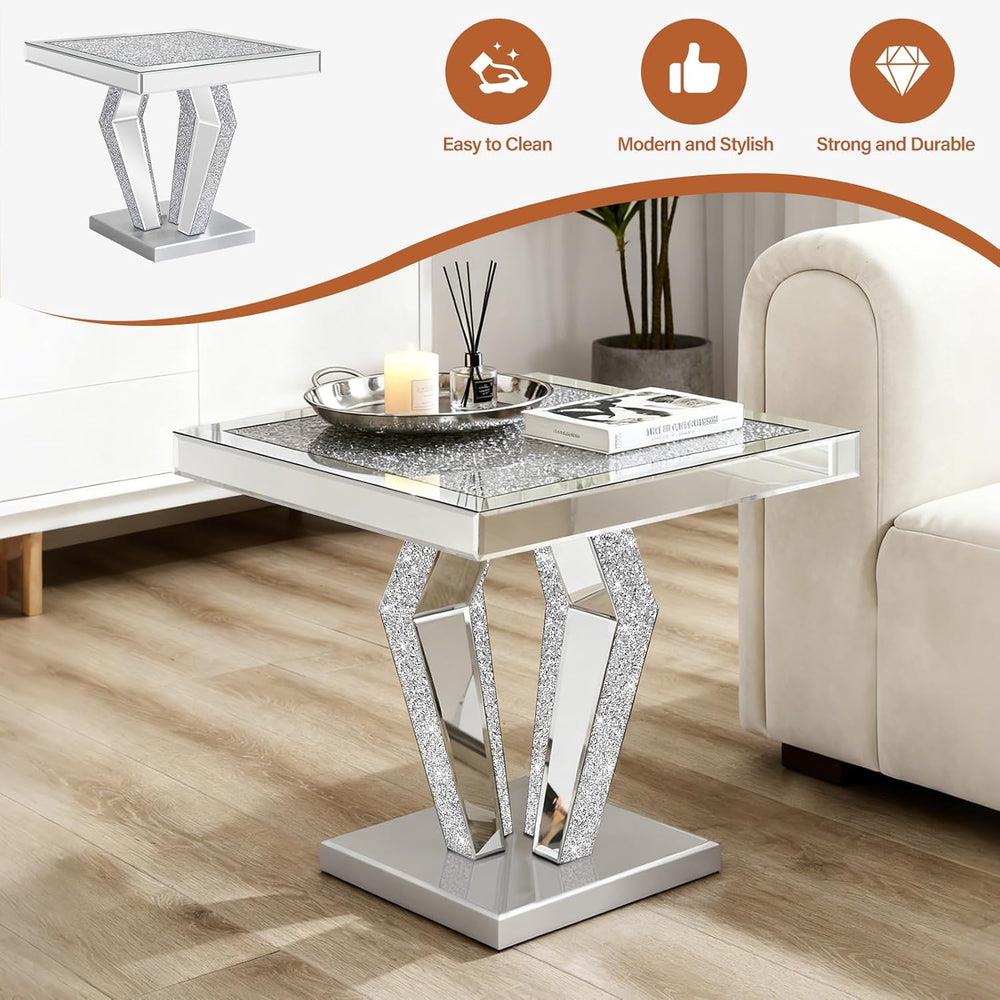 Silver Mirrored End Table with Crystal Inlay, Modern Side Table Accent Table,...