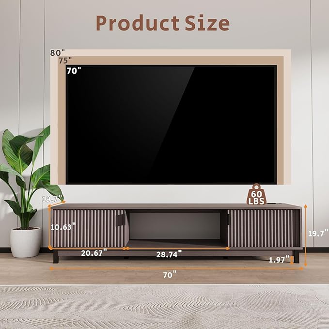 Mid Century Modern TV Stand with Power Outlet for TVs Up to 80", Luxury Fluted TV Console Media Entertainment Center with Storage Cabinets and Open Shelves for Living Room Bedroom - 70" Mocha