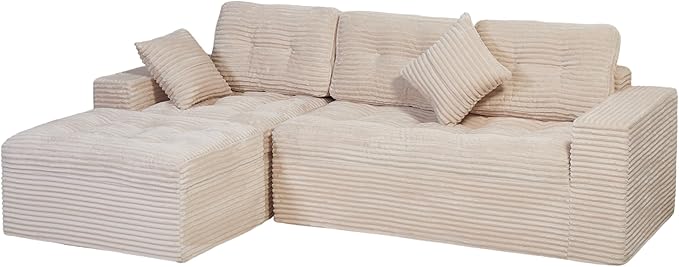 Eafurn 105" L-Shaped Boneless Modular Sectional Sofa with Movable Ottoman, Comfy Corduroy Floor Couch with Deep Seat and Tufted Seat, Flexible Module Combination for Living Room, No Assembly | Deep Seat, Wider Armrest, Free Combination, Tufted