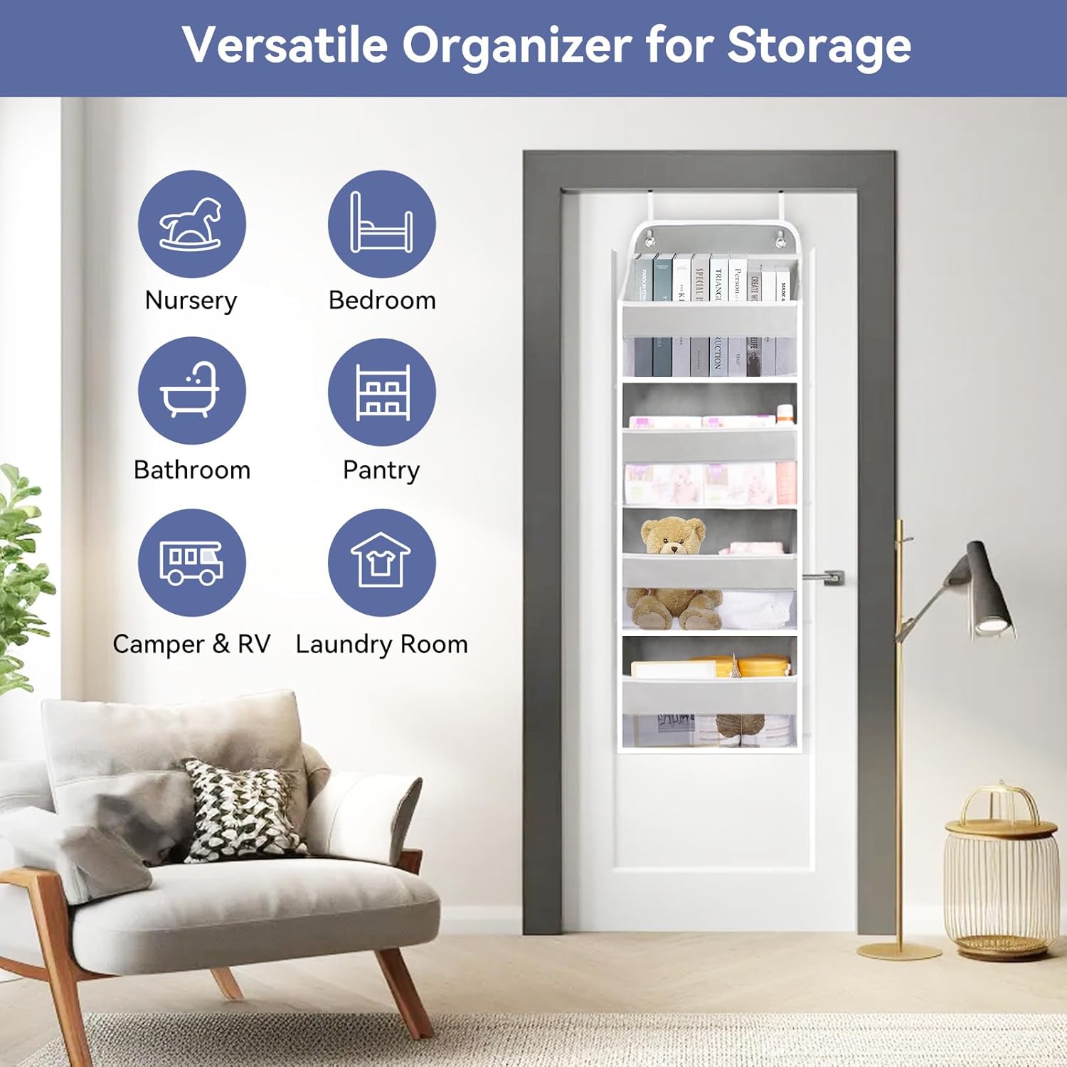 QINGUANG Over The Door Organizer,Hanging Organization and Storage, Behind Door Organizer with Side Pockets, 35 lbs Capacity,Anti Tilt, for Nursery, Bathroom, Bedroom,Dorm (4-Shelf)