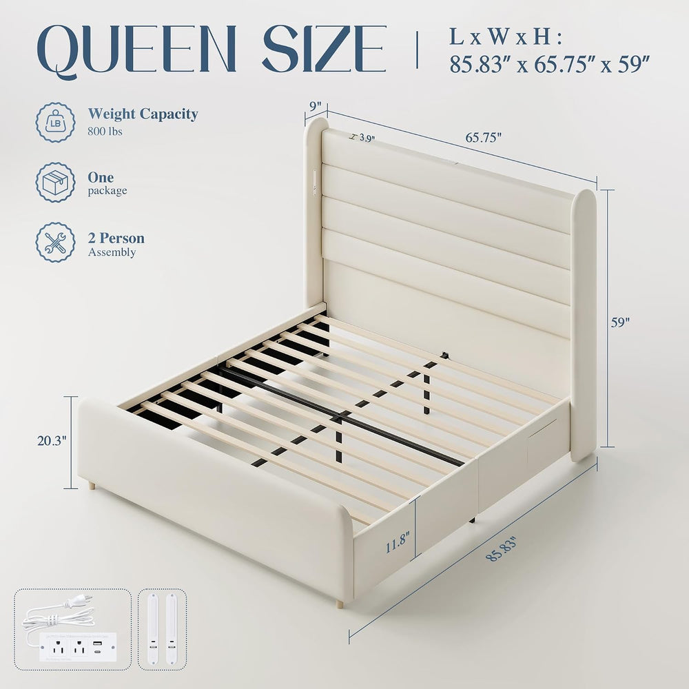 Queen Size Bed Frame with 59'' Tall Headboard with Readlight, White