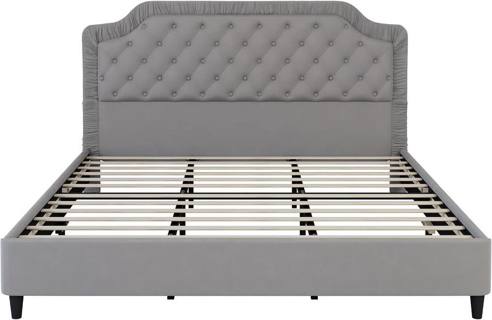 King Size Upholstered Bed with Ruched and Button Tufted Headboard, No Box Spr...