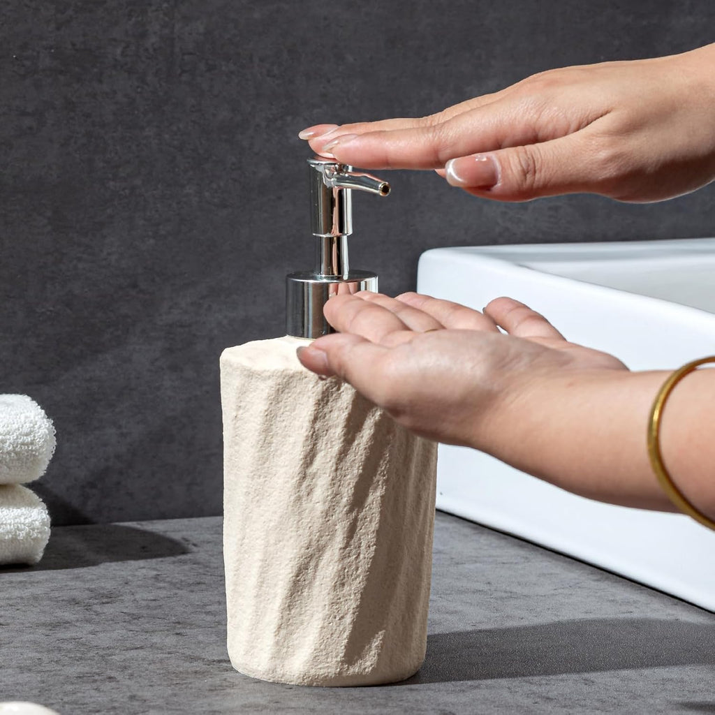 Bathroom Accessories Set, 4 PCS Modern Stone Look Bathroom Accessory Set with Hand Soap Dispenser 11.5 OZ, Tumblers, Toothbrush Holder, Bar Soap Dish Holder Saver (Yellow)