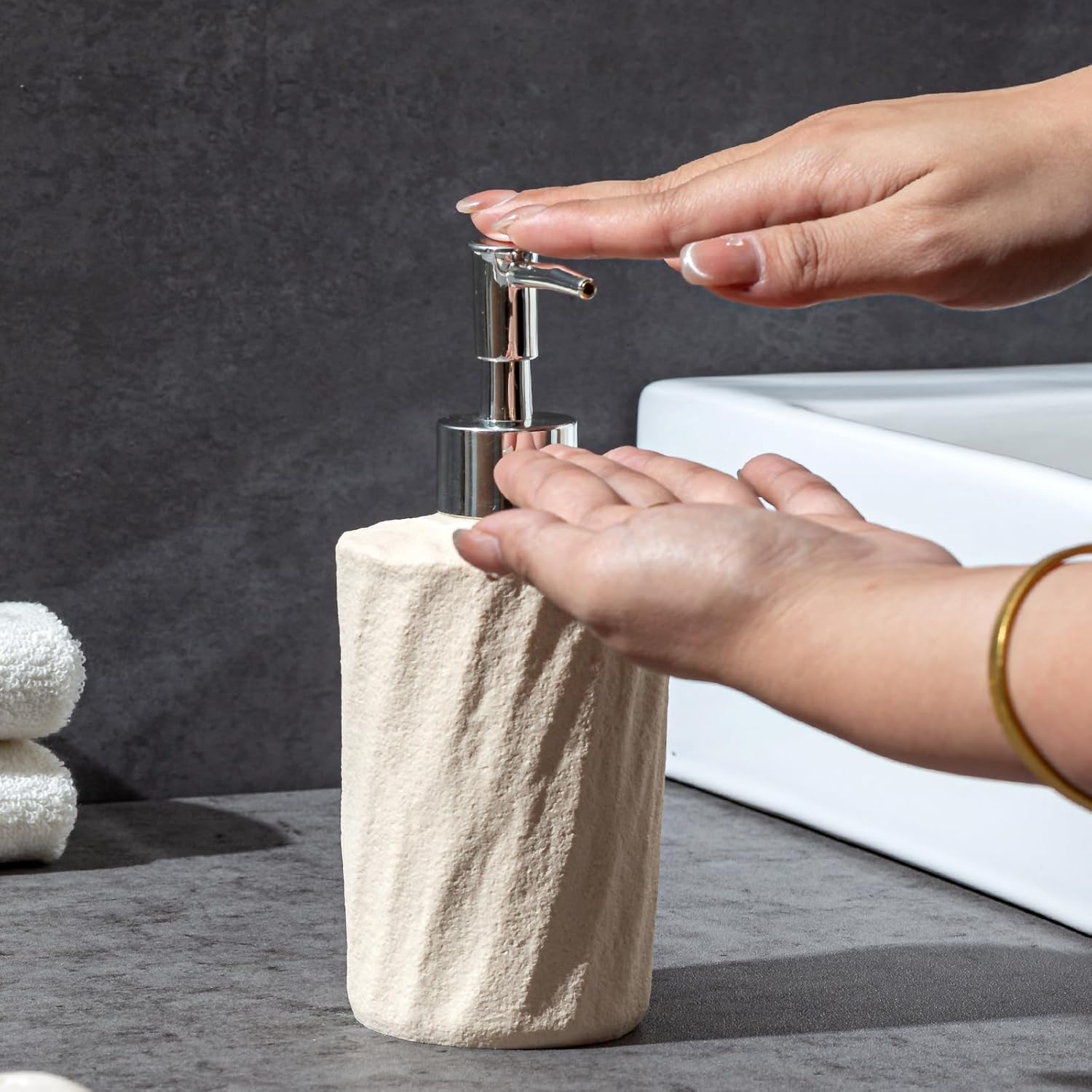 Bathroom Accessories Set, 4 PCS Modern Stone Look Bathroom Accessory Set with Hand Soap Dispenser 11.5 OZ, Tumblers, Toothbrush Holder, Bar Soap Dish Holder Saver (Yellow)