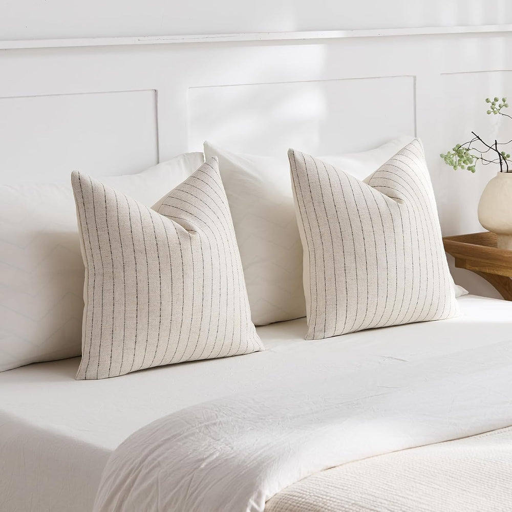 DEZENE Pack of 2 Linen Striped Throw Pillow Covers 26x26 Neutral Euro Sham Co...